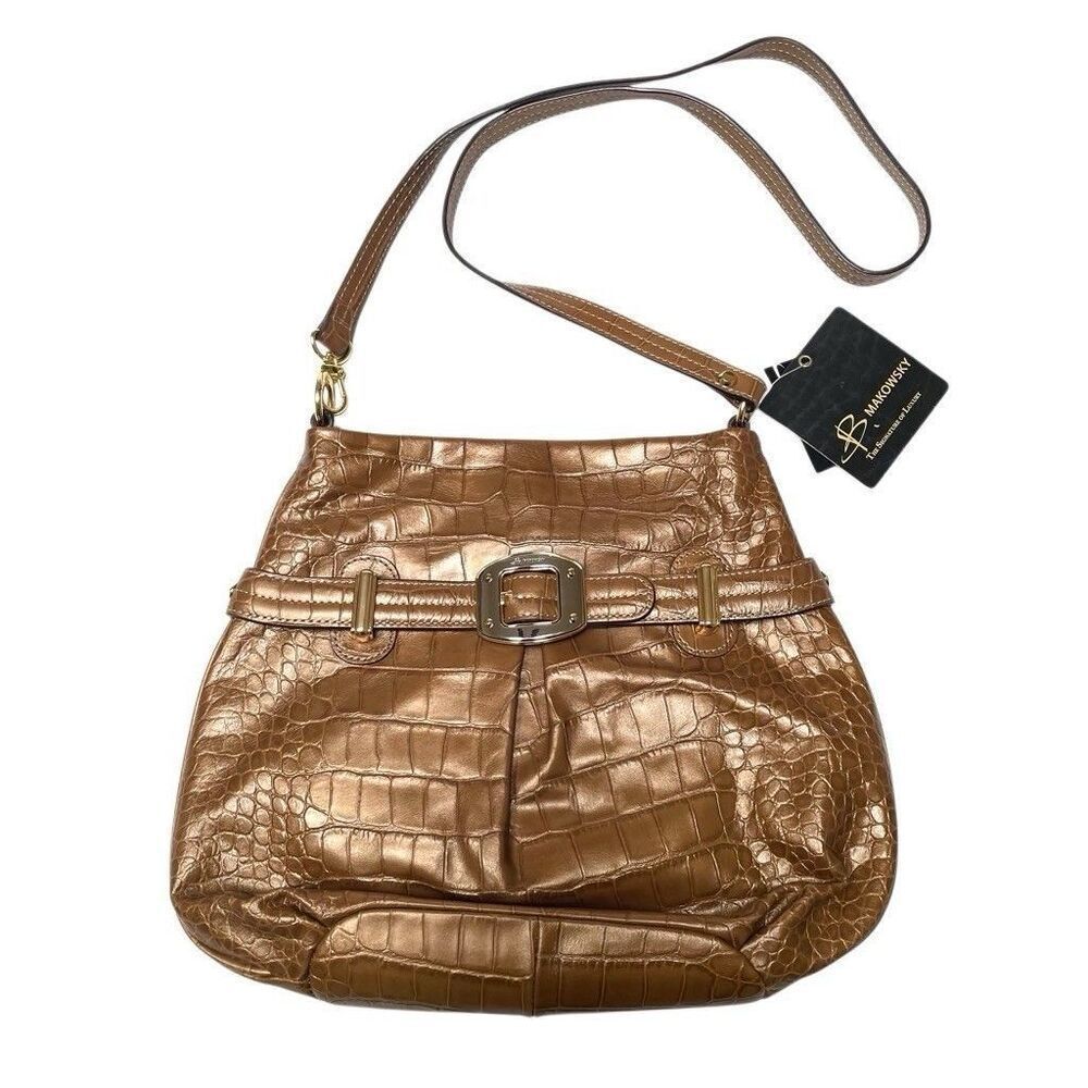 B Makowsky Waverly Women's Croc Embossed Leather‎ Cappuccino Shoulder Crossbody